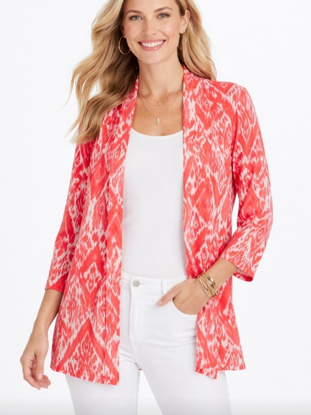 Chico's Coral Ikat Open-Front Cardigan